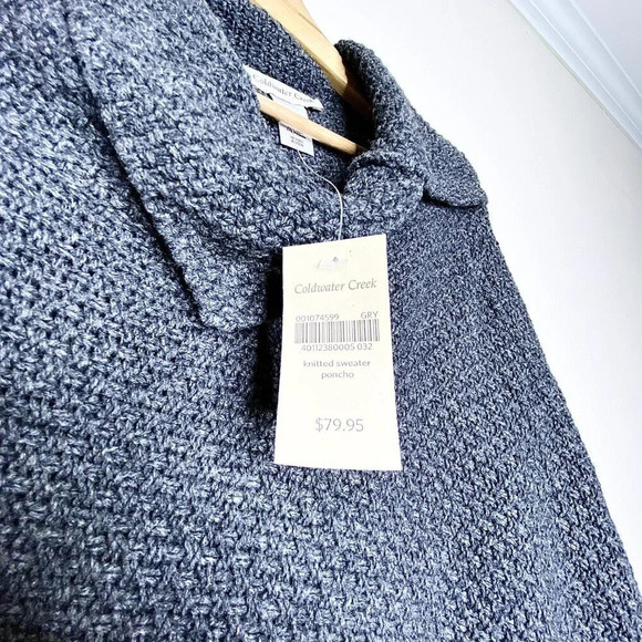 NWT Coldwater Creek Gray Knit Sweater Poncho Wool Blend Fringe One Size Boho - Picture 8 of 10